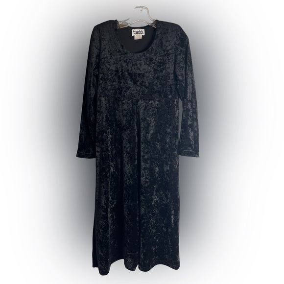 Teddi Black crushed Velvet Long Sleeve Sheath maxi Dress. Size SP. shoulder pads - Picture 1 of 11